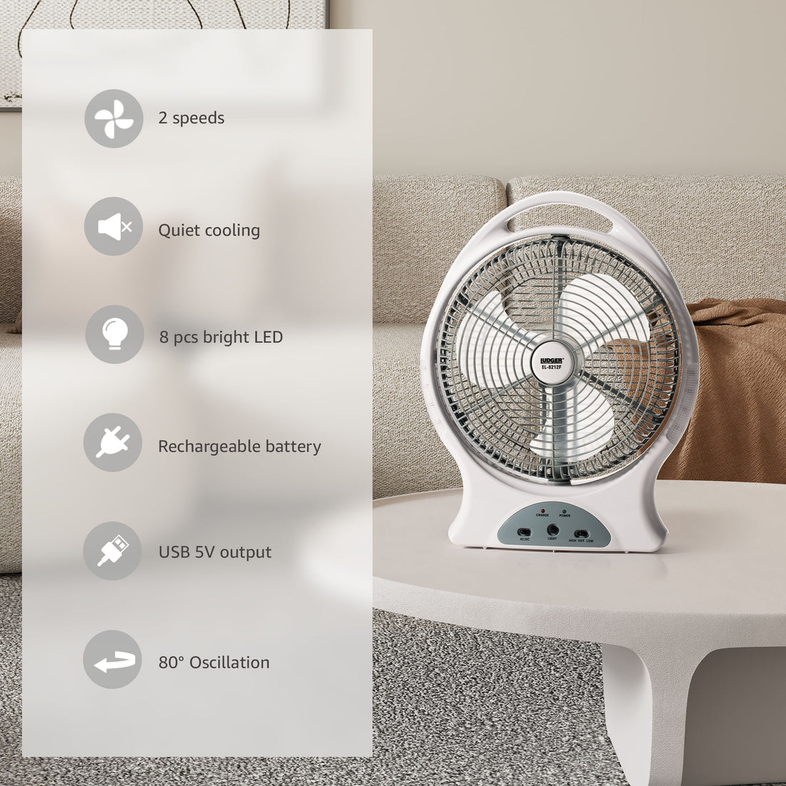 12" Rechargeable Fan with LED Light | EL-8212F